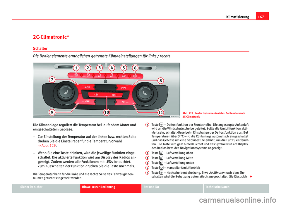 Seat Altea 2012  Betriebsanleitung (in German) 167
Klimatisierung
2C-Climatronic*
Schalter
Die Bedienelemente ermöglichen getrennte Klimaeinstellungen für links / rechts.
Abb. 129  In der Instrumententafel: Bedienelemente
2C-Climatronic
Die Klim
