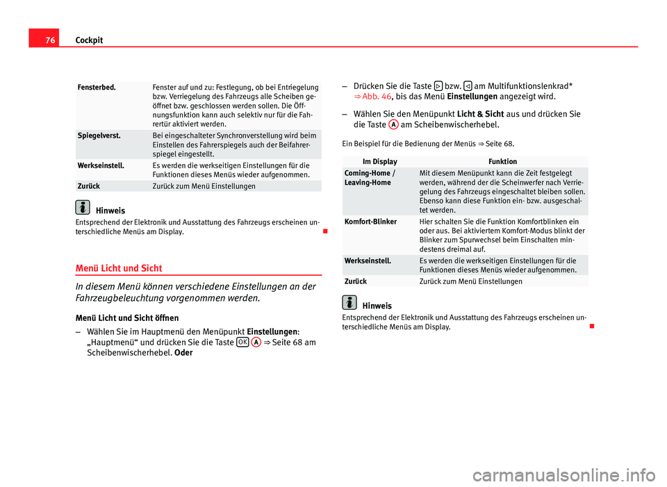 Seat Altea 2012  Betriebsanleitung (in German) 76Cockpit
Fensterbed.Fenster auf und zu: Festlegung, ob bei Entriegelung
bzw. Verriegelung des Fahrzeugs alle Scheiben ge-
öffnet bzw. geschlossen werden sollen. Die Öff-
nungsfunktion kann auch sel
