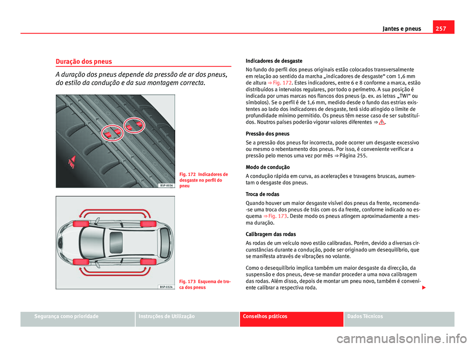 Seat Altea 2012 Manual do proprietário (in Portuguese) 257
Jantes e pneus
Duração dos pneus
A duração dos pneus depende da pressão de ar dos pneus,
do estilo da condução e da sua montagem correcta.
Fig. 172 Indicadores de
desgaste no perfil do
pneu Seat Altea 2012 Manual do proprietário (in Portuguese) 257
Jantes e pneus
Duração dos pneus
A duração dos pneus depende da pressão de ar dos pneus,
do estilo da condução e da sua montagem correcta.
Fig. 172 Indicadores de
desgaste no perfil do
pneu