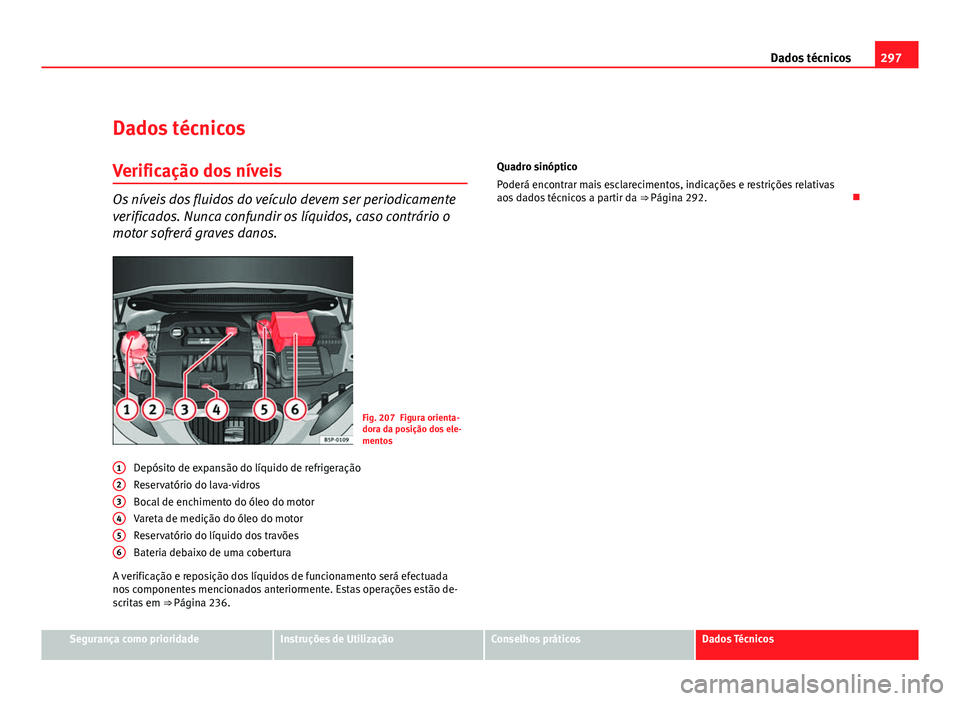 Seat Altea 2012  Manual do proprietário (in Portuguese)  297
Dados técnicos
Dados técnicos
Verificação dos níveis
Os níveis dos fluidos do veículo devem ser periodicamente
verificados. Nunca confundir os líquidos, caso contrário o
motor sofrerá gr