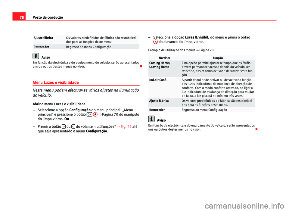 Seat Altea 2012  Manual do proprietário (in Portuguese)  78Posto de condução
Ajuste fábricaOs valores predefinidos de fábrica são restabeleci-
dos para as funções deste menu.
RetrocederRegresso ao menu Configuração
Aviso
Em função da electrónica