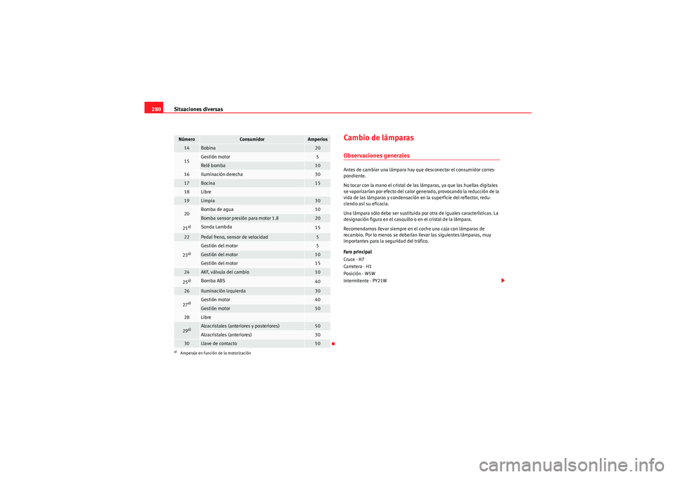 Seat Altea 2011  Manual del propietario (in Spanish) Situaciones diversas
280
Cambio de lámparasObservaciones generalesAntes de cambiar una lámpara hay que desconectar el consumidor corres-
pondiente.
No tocar con la mano el cristal de las lámparas, 