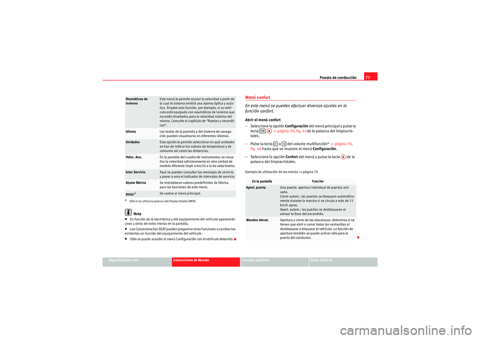 Seat Altea 2011  Manual del propietario (in Spanish) Puesto de conducción77
Seguridad ante todo
Instrucciones de Manejo
Consejos prácticos
Datos Técnicos
Nota
•En función de la electrónica y del equipamiento del vehículo aparecerán 
unos u otro