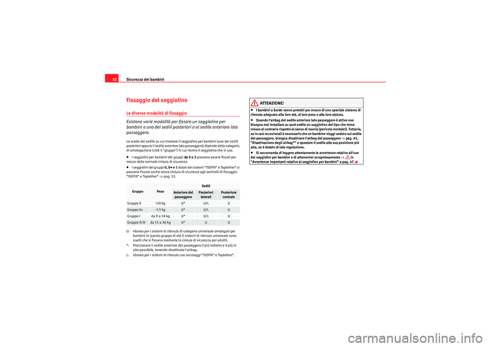 Seat Altea 2011 Manuale del proprietario (in Italian) Sicurezza dei bambini
52Fissaggio del seggiolinoLe diverse modalità di fissaggio
Esistono varie modalità per fissare un seggiolino per
bambini a uno dei sedili posteriori o al sedile anteriore lato Seat Altea 2011 Manuale del proprietario (in Italian) Sicurezza dei bambini
52Fissaggio del seggiolinoLe diverse modalità di fissaggio
Esistono varie modalità per fissare un seggiolino per
bambini a uno dei sedili posteriori o al sedile anteriore lato