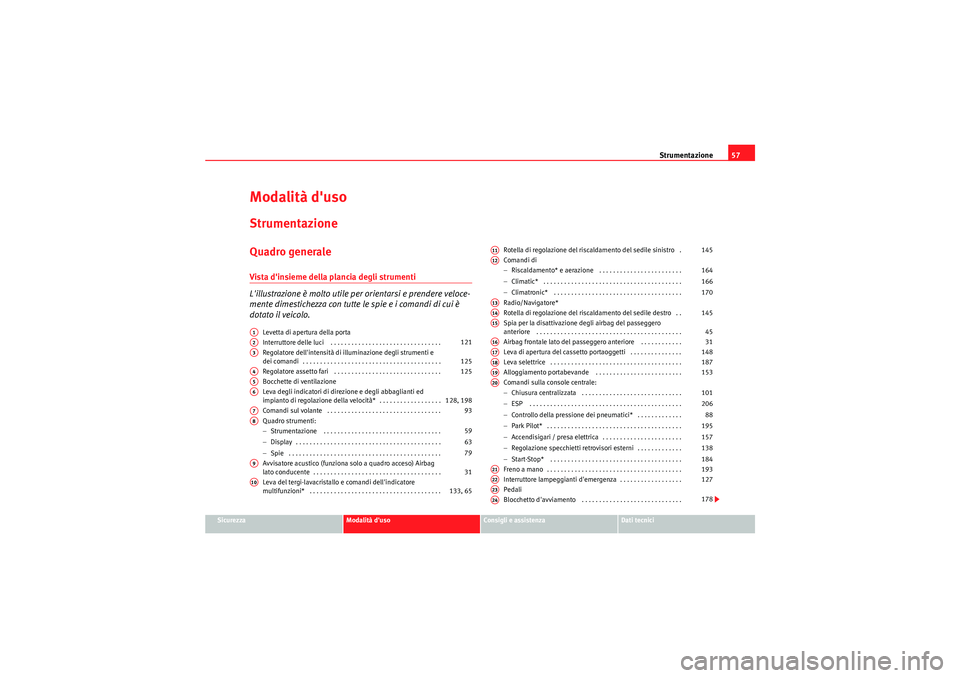 Seat Altea 2011 Manuale del proprietario (in Italian) Strumentazione57
Sicurezza
Modalità duso
Consigli e assistenza
Dati tecnici
Modalità dusoStrumentazioneQuadro generaleVista dinsieme della plancia degli strumenti
Lillustrazione è molto utile Seat Altea 2011 Manuale del proprietario (in Italian) Strumentazione57
Sicurezza
Modalità duso
Consigli e assistenza
Dati tecnici
Modalità dusoStrumentazioneQuadro generaleVista dinsieme della plancia degli strumenti
Lillustrazione è molto utile