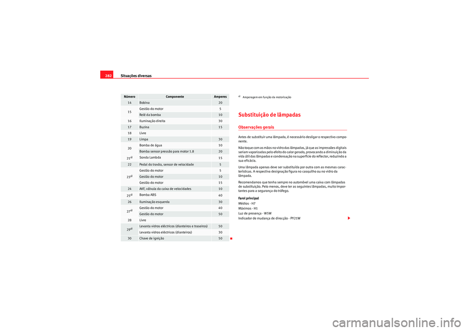 Seat Altea 2011  Manual do proprietário (in Portuguese)  Situações diversas
282
Substituição de lâmpadasObservações geraisAntes de substituir uma lâmpada, é necessário desligar o respectivo compo-
nente.
Não toque com as mãos no vidro das lâmpa