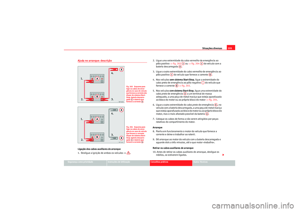 Seat Altea 2011  Manual do proprietário (in Portuguese)  Situações diversas293
Segurança como prioridade
Instruções de Utilização
Conselhos práticos
Dados Técnicos
Ajuda no arranque: descriçãoLigação dos cabos auxiliares de arranque
1.  Desligu