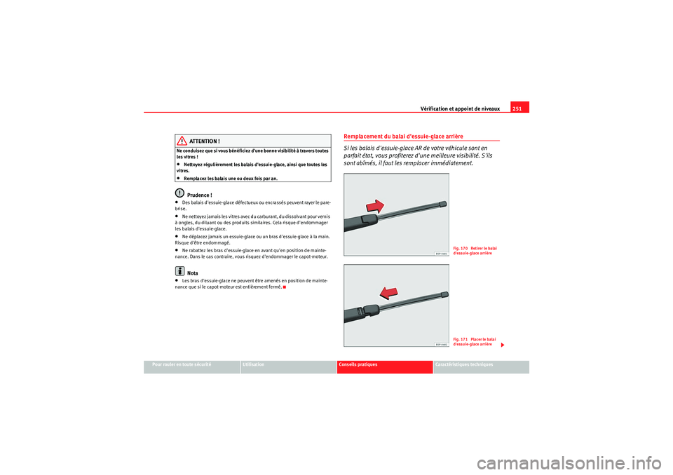 Seat Altea 2010  Manuel du propriétaire (in French)  Vérification et appoint de niveaux251
Pour rouler en toute sécurité
Utilisation
Conseils pratiques
Caractéristiques techniques
ATTENTION !
Ne conduisez que si vous bénéficiez dune bonne visibil