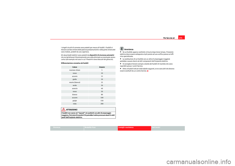 Seat Altea 2010  Manuale del proprietario (in Italian) Per fare da sé275
Sicurezza
Modalità d’uso
Consigli e assistenza
Dati tecnici
I singoli circuiti di corrente sono protetti per mezzo di fusibili. I fusibili si 
trovano sul lato sinistro della pla