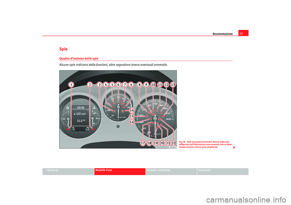 Seat Altea 2009  Manuale del proprietario (in Italian) Strumentazione77
Sicurezza
Modalità duso
Consigli e assistenza
Dati tecnici
Spie Quadro dinsieme delle spie
Alcune spie indicano delle funzioni, altre segnalano invece eventuali anomalie.
Fig. 48  