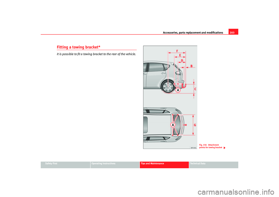 Seat Altea 2007  Owners Manual Accessories, parts replacement and modifications203
Safety First
Operating instructions
Tips and Maintenance
Te c h n i c a l  D a t a
Fitting a towing bracket*It is possible to fit a towing bracket t