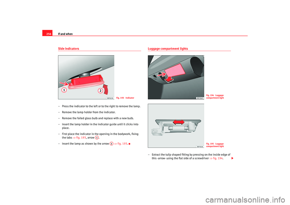 Seat Altea 2007  Owners Manual If and when
256Side indicators– Press the indicator to the left or to the right to remove the lamp.
– Remove the lamp holder from the indicator.
– Remove the failed glass bulb and replace with a