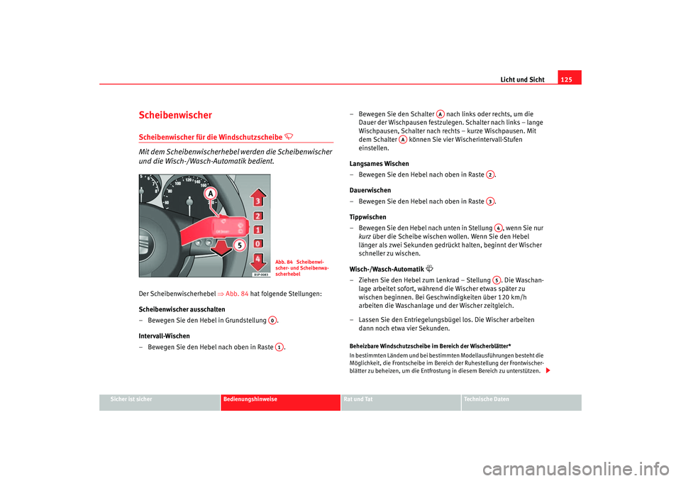 Seat Altea 2007 Betriebsanleitung (in German) Licht und Sicht125
Sicher ist sicher
Bedienungshinweise
Rat und Tat
Technische Daten
ScheibenwischerScheibenwischer für die Windschutzscheibe
Mit dem Scheibenwischerhebel werden die Scheibenwi Seat Altea 2007 Betriebsanleitung (in German) Licht und Sicht125
Sicher ist sicher
Bedienungshinweise
Rat und Tat
Technische Daten
ScheibenwischerScheibenwischer für die Windschutzscheibe
Mit dem Scheibenwischerhebel werden die Scheibenwi