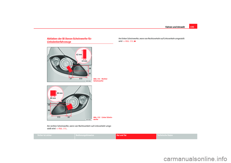 Seat Altea 2007  Betriebsanleitung (in German) Fahren und Umwelt195
Sicher ist sicher
Bedienungshinweise
Rat und Tat
Technische Daten
Abkleben der Bi-Xenon-Scheinwerfer für LinkslenkerfahrzeugeAm rechten Scheinwerfer, wenn von Re chtsverkehr auf 