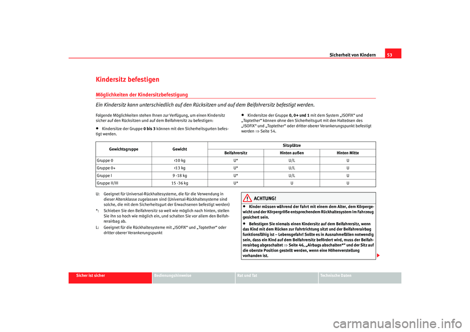 Seat Altea 2007 Betriebsanleitung (in German) Sicherheit von Kindern53
Sicher ist sicher
Bedienungshinweise
Rat und Tat
Technische Daten
Kindersitz befestigenMöglichkeiten der Kindersitzbefestigung
Ein Kindersitz kann unterschiedlich auf den Rü Seat Altea 2007 Betriebsanleitung (in German) Sicherheit von Kindern53
Sicher ist sicher
Bedienungshinweise
Rat und Tat
Technische Daten
Kindersitz befestigenMöglichkeiten der Kindersitzbefestigung
Ein Kindersitz kann unterschiedlich auf den Rü