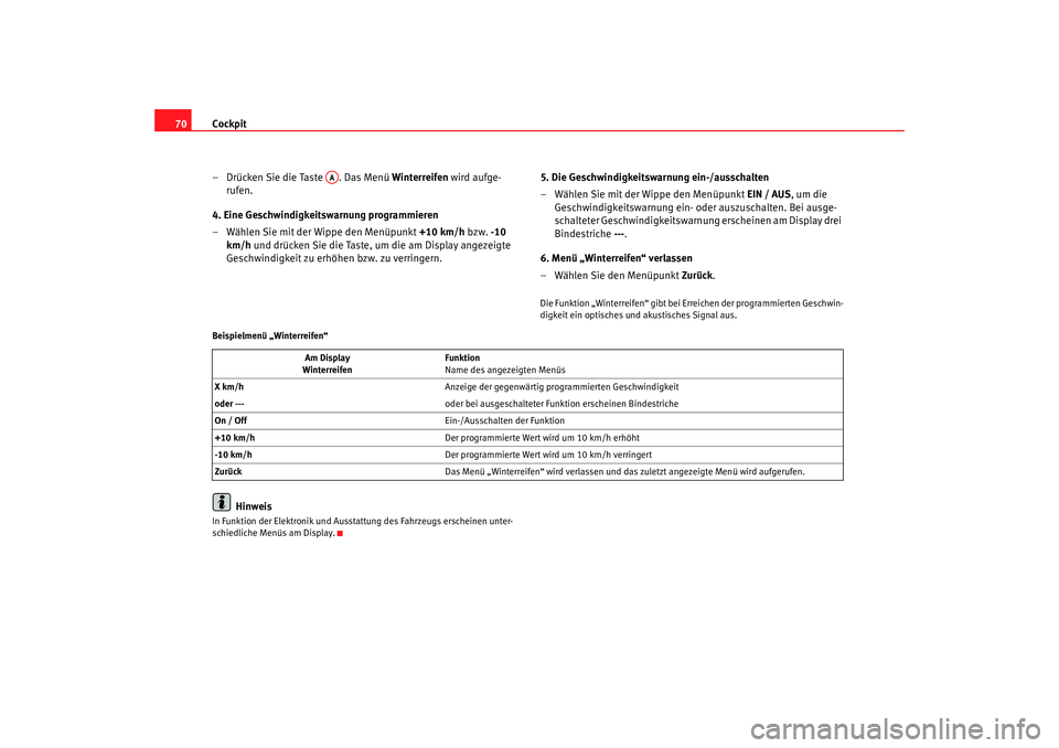 Seat Altea 2007 Betriebsanleitung (in German) Cockpit
70
– Drücken Sie die Taste . Das Menü Winterreifen wird aufge-
rufen.
4. Eine Geschwindigkeitswarnung programmieren
– Wählen Sie mit der Wippe den Menüpunkt +10 km/h bzw. -10
km/h Seat Altea 2007 Betriebsanleitung (in German) Cockpit
70
– Drücken Sie die Taste . Das Menü Winterreifen wird aufge-
rufen.
4. Eine Geschwindigkeitswarnung programmieren
– Wählen Sie mit der Wippe den Menüpunkt +10 km/h bzw. -10
km/h