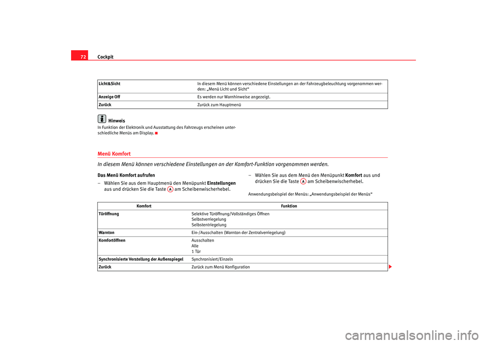 Seat Altea 2007 Betriebsanleitung (in German) Cockpit
72
HinweisIn Funktion der Elektronik und Ausstattung des Fahrzeugs erscheinen unter-
schiedliche Menüs am Display.Menü Komfort
In diesem Menü können verschiedene Einstellungen an der Komfo Seat Altea 2007 Betriebsanleitung (in German) Cockpit
72
HinweisIn Funktion der Elektronik und Ausstattung des Fahrzeugs erscheinen unter-
schiedliche Menüs am Display.Menü Komfort
In diesem Menü können verschiedene Einstellungen an der Komfo