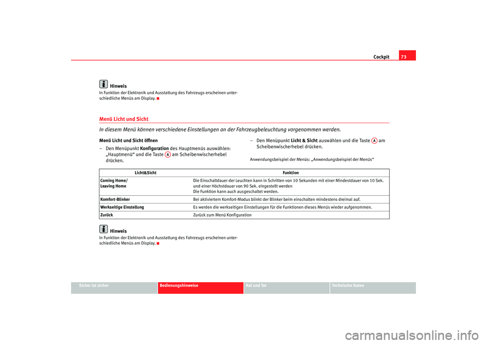 Seat Altea 2007 Betriebsanleitung (in German) Cockpit73
Sicher ist sicher
Bedienungshinweise
Rat und Tat
Technische Daten
Hinweis
In Funktion der Elektronik und Aussta ttung des Fahrzeugs erscheinen unter-
schiedliche Menüs am Display.Menü Lich Seat Altea 2007 Betriebsanleitung (in German) Cockpit73
Sicher ist sicher
Bedienungshinweise
Rat und Tat
Technische Daten
Hinweis
In Funktion der Elektronik und Aussta ttung des Fahrzeugs erscheinen unter-
schiedliche Menüs am Display.Menü Lich