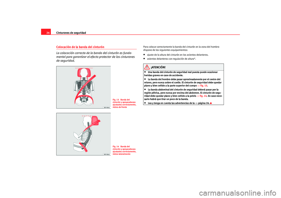 Seat Altea 2007 Manual del propietario (in Spanish) Cinturones de seguridad
26Colocación de la banda del cinturón
La colocación correcta de la banda del cinturón es funda-
mental para garantizar el efecto protector de los cinturones
de seguridad.
Seat Altea 2007 Manual del propietario (in Spanish) Cinturones de seguridad
26Colocación de la banda del cinturón
La colocación correcta de la banda del cinturón es funda-
mental para garantizar el efecto protector de los cinturones
de seguridad.