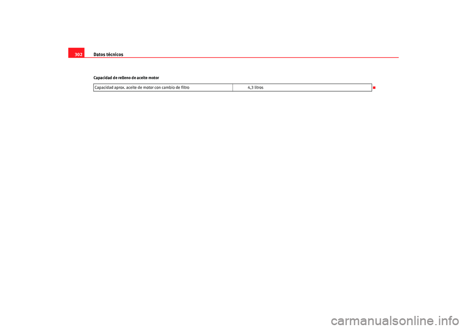 Seat Altea 2007  Manual del propietario (in Spanish) Datos técnicos
302Capacidad de relleno de aceite motor
Capacidad aprox. aceite de motor con cambio de filtro 4,3 litros
s3gg.book  Seite 302  Montag, 17. Juli 2006  5:04 17 
