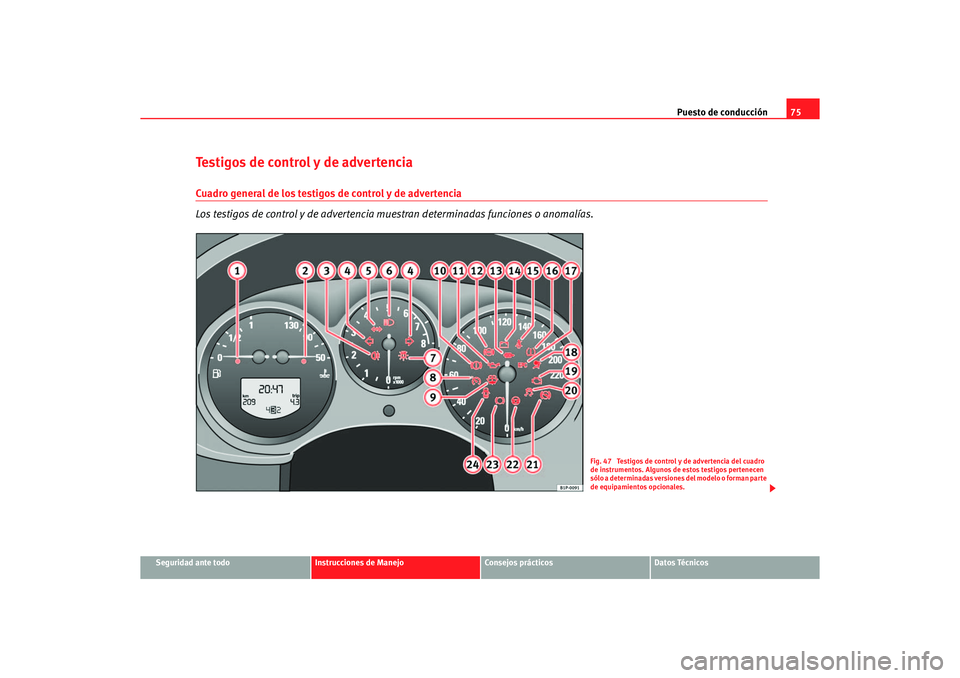 Seat Altea 2007  Manual del propietario (in Spanish) Puesto de conducción75
Seguridad ante todo
Instrucciones de Manejo
Consejos prácticos
Datos Técnicos
Testigos de control y de advertencia Cuadro general de los testigos de control y de advertencia
