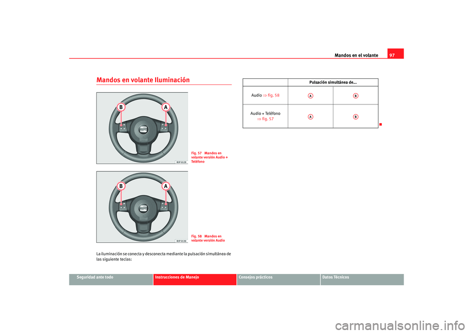 Seat Altea 2007  Manual del propietario (in Spanish) Mandos en el volante97
Seguridad ante todo
Instrucciones de Manejo
Consejos prácticos
Datos Técnicos
Mandos en volante IluminaciónLa iluminación se conecta y desconecta  mediante la pulsación sim