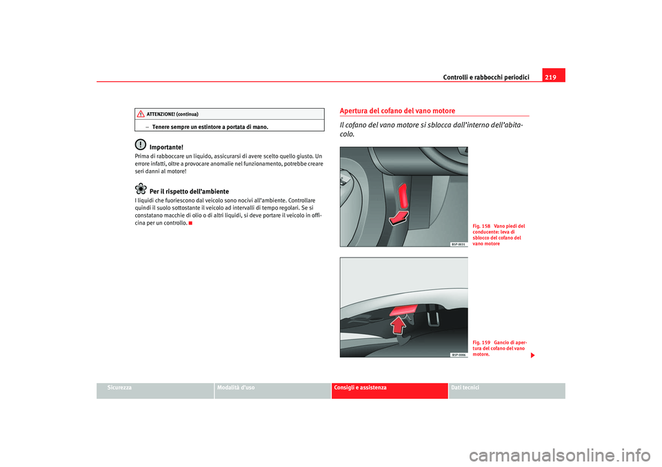 Seat Altea 2007  Manuale del proprietario (in Italian) Controlli e rabbocchi periodici219
Sicurezza
Modalità d’uso
Consigli e assistenza
Dati tecnici
−
Tenere sempre un estintore a portata di mano.
Importante!
Prima di rabboccare un liquido, assicura