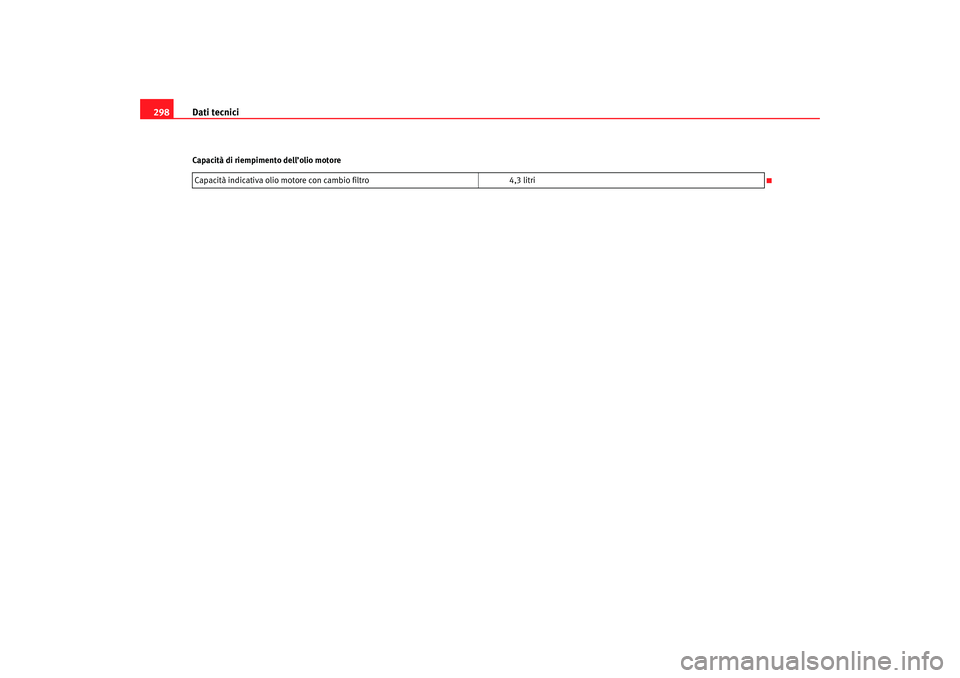 Seat Altea 2007  Manuale del proprietario (in Italian) Dati tecnici
298Capacità di riempimento dell’olio motore
Capacità indicativa olio mo tore con cambio filtro 4,3 litri
altea_italia_0706  Seite 298  Mittwoch, 30. August 2006  5:25 17 