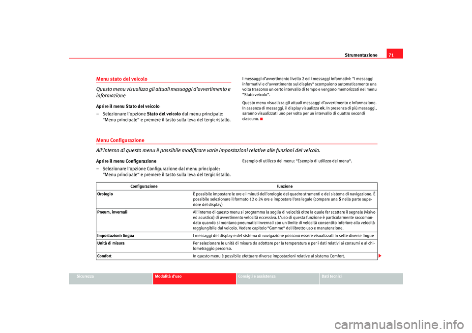 Seat Altea 2007 Manuale del proprietario (in Italian) Strumentazione71
Sicurezza
Modalità d’uso
Consigli e assistenza
Dati tecnici
Menu stato del veicolo
Questo menu visualizza gli attuali messaggi d’avvertimento e
informazioneAprire il menu Stato Seat Altea 2007 Manuale del proprietario (in Italian) Strumentazione71
Sicurezza
Modalità d’uso
Consigli e assistenza
Dati tecnici
Menu stato del veicolo
Questo menu visualizza gli attuali messaggi d’avvertimento e
informazioneAprire il menu Stato