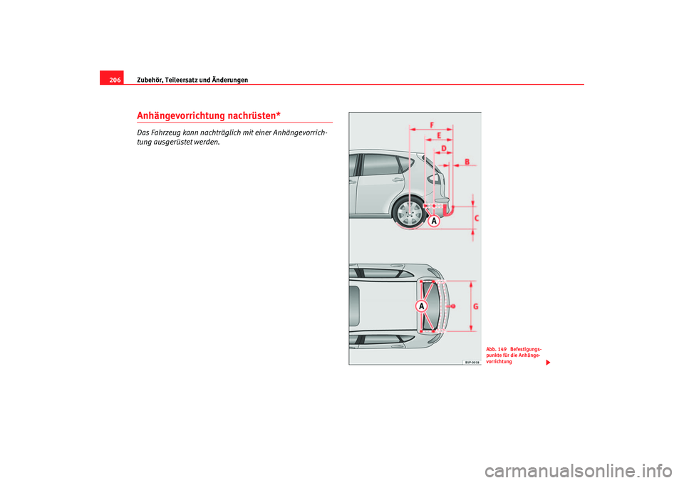 Seat Altea 2006  Betriebsanleitung (in German) Zubehör, Teileersatz und Änderungen
206Anhängevorrichtung nachrüsten*Das Fahrzeug kann nachträglich mit einer Anhängevorrich-
tung ausgerüstet werden.
Abb. 149  Befestigungs-
punkte für die An