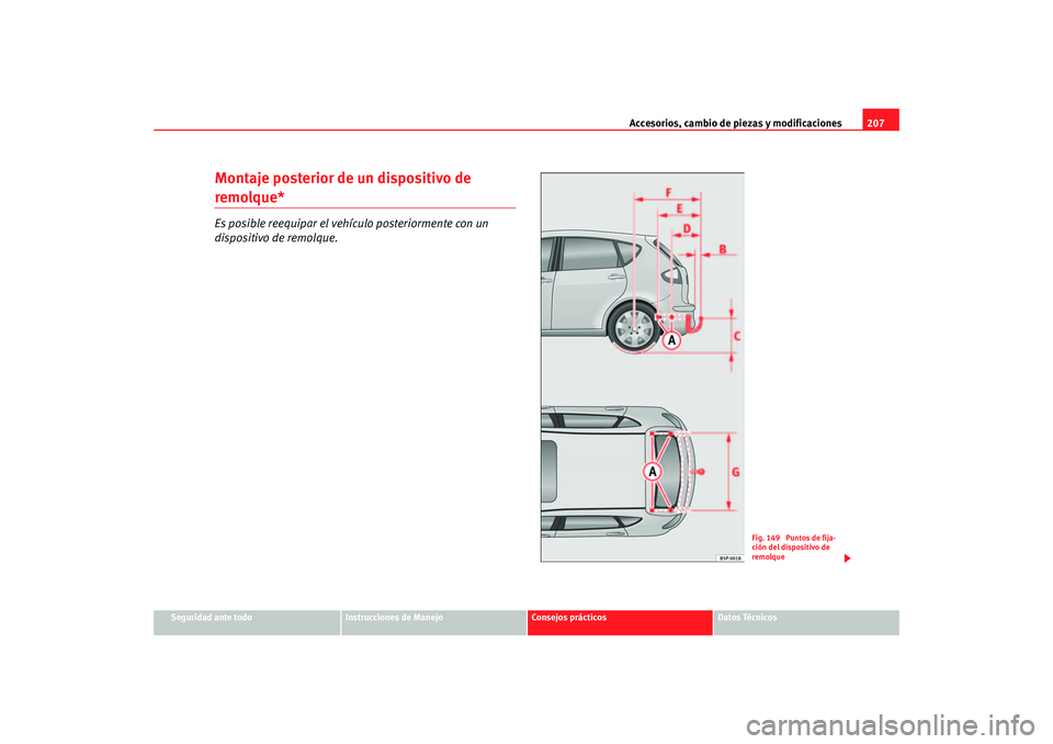 Seat Altea 2006  Manual del propietario (in Spanish) Accesorios, cambio de piezas y modificaciones207
Seguridad ante todo
Instrucciones de Manejo
Consejos prácticos
Datos Técnicos
Montaje posterior de un dispositivo de remolque*Es posible reequipar el