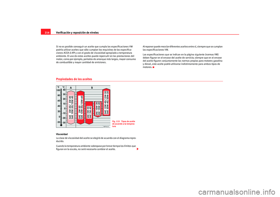 Seat Altea 2006  Manual del propietario (in Spanish) Verificación y reposición de niveles
216Si no es posible conseguir un aceite que cumpla las especificaciones VW 
podría utilizar aceites que sólo cumplan los requisitos de las especifica-
ciones A