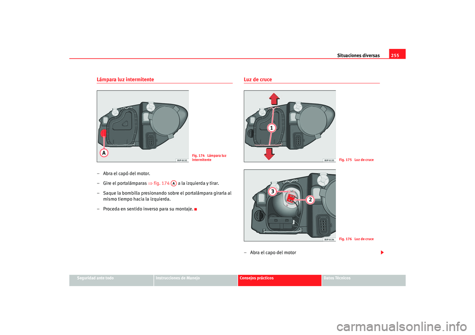 Seat Altea 2006  Manual del propietario (in Spanish) Situaciones diversas255
Seguridad ante todo
Instrucciones de Manejo
Consejos prácticos
Datos Técnicos
Lámpara luz intermitente–Abra el capó del motor.
– Gire el portalámparas ⇒fig. 174   a 