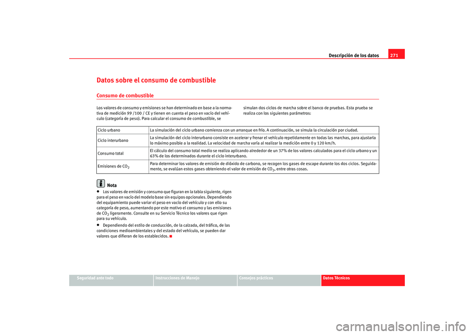 Seat Altea 2006  Manual del propietario (in Spanish) Descripción de los datos271
Seguridad ante todo
Instrucciones de Manejo
Consejos prácticos
Datos Técnicos
Datos sobre el consumo de combustibleConsumo de combustibleLos valores de consumo y emision