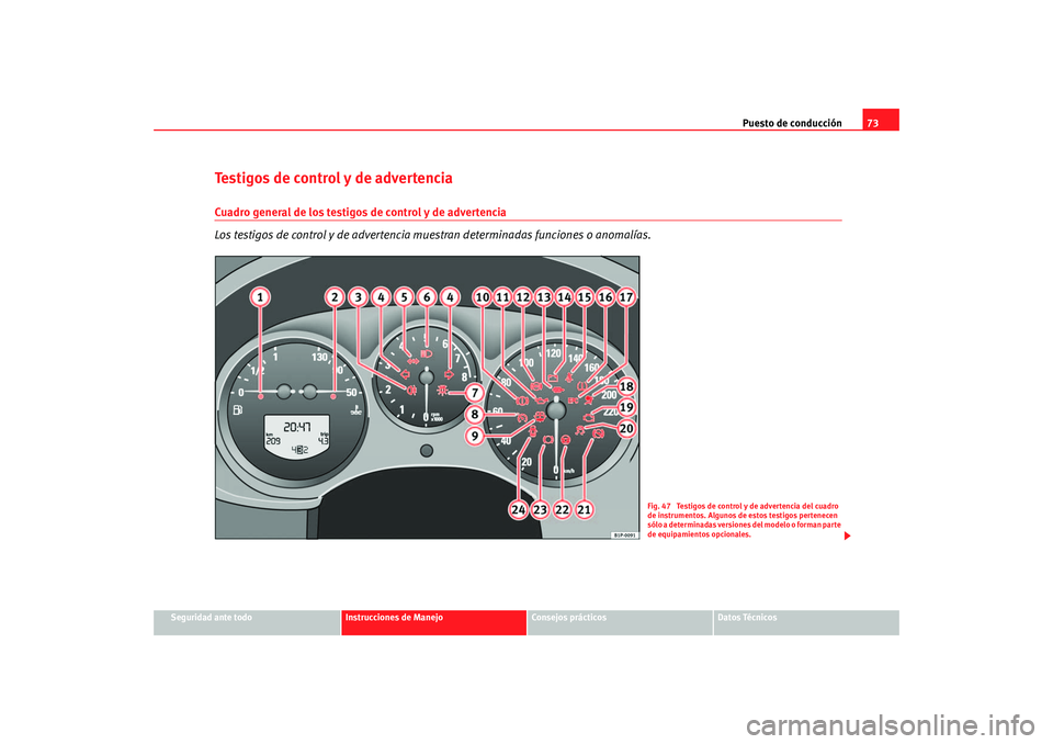 Seat Altea 2006  Manual del propietario (in Spanish) Puesto de conducción73
Seguridad ante todo
Instrucciones de Manejo
Consejos prácticos
Datos Técnicos
Testigos de control y de advertencia Cuadro general de los testigos de control y de advertencia

