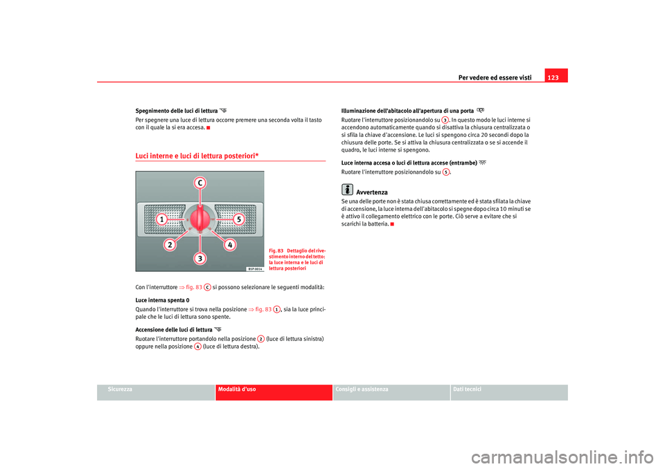 Seat Altea 2006 Manuale del proprietario (in Italian) Per vedere ed essere visti123
Sicurezza
Modalità duso
Consigli e assistenza
Dati tecnici
Spegnimento delle luci di lettura
Per spegnere una luce di lettura occorre premere una seconda volta il Seat Altea 2006 Manuale del proprietario (in Italian) Per vedere ed essere visti123
Sicurezza
Modalità duso
Consigli e assistenza
Dati tecnici
Spegnimento delle luci di lettura
Per spegnere una luce di lettura occorre premere una seconda volta il