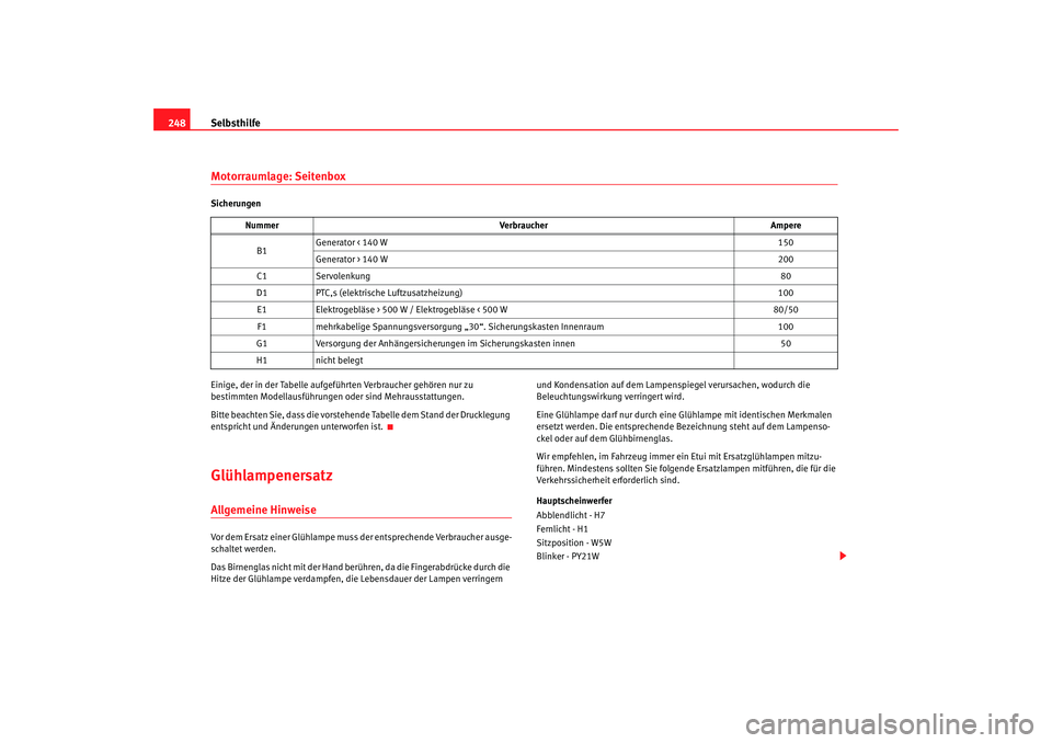 Seat Altea 2005  Betriebsanleitung (in German) Selbsthilfe
248Motorraumlage: SeitenboxSicherungen
Einige, der in der Tabelle aufgeführten Verbraucher gehören nur zu 
bestimmten Modellausführungen oder sind Mehrausstattungen.
Bitte beachten Sie,