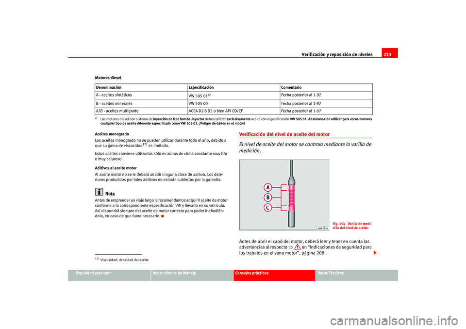 Seat Altea 2005  Manual del propietario (in Spanish) Verificación y reposición de niveles213
Seguridad ante todo
Instrucciones de Manejo
Consejos prácticos
Datos Técnicos
Motores diesel
Aceites monogrado
Los aceites monogrado no se pueden utilizar d