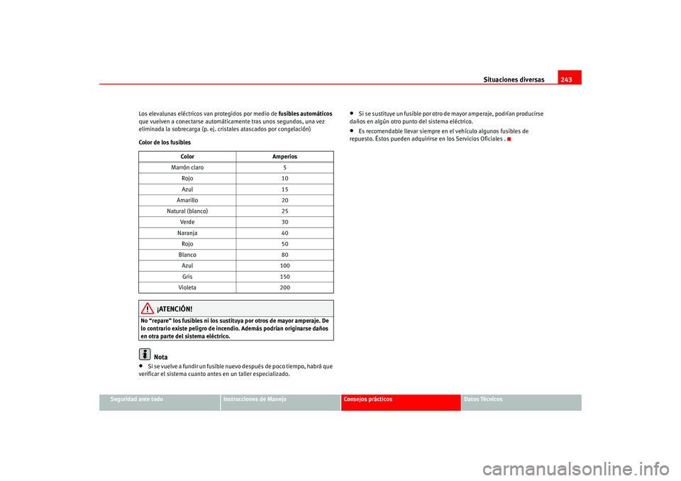 Seat Altea 2005  Manual del propietario (in Spanish) Situaciones diversas243
Seguridad ante todo
Instrucciones de Manejo
Consejos prácticos
Datos Técnicos
Los elevalunas eléctricos van protegidos por medio de 
fusibles automáticos 
que vuelven a con