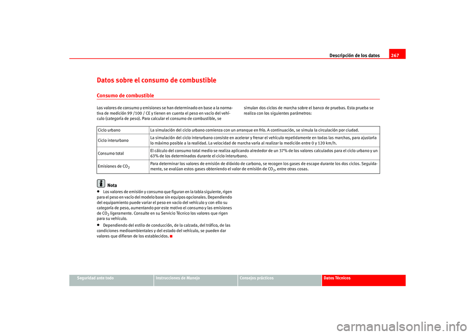 Seat Altea 2005  Manual del propietario (in Spanish) Descripción de los datos267
Seguridad ante todo
Instrucciones de Manejo
Consejos prácticos
Datos Técnicos
Datos sobre el consumo de combustibleConsumo de combustibleLos valores de consumo y emision