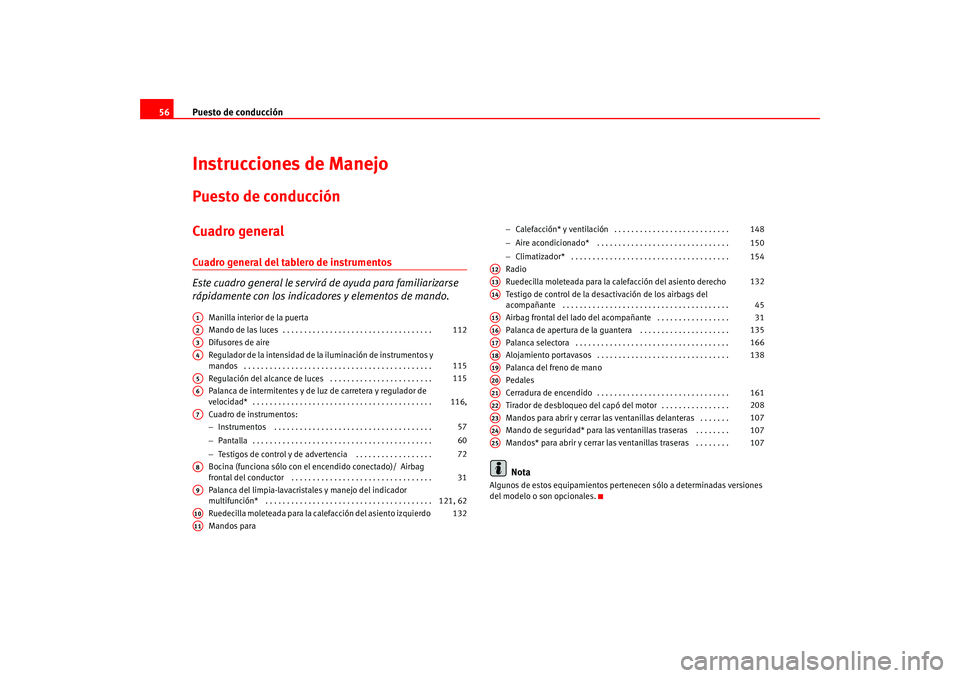 Seat Altea 2005  Manual del propietario (in Spanish) Puesto de conducción
56Instrucciones de ManejoPuesto de conducciónCuadro generalCuadro general del tablero de instrumentos 
Este cuadro general le servirá de ayuda para familiarizarse 
rápidamente