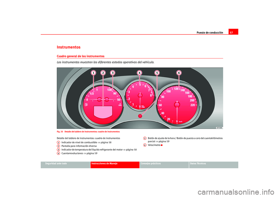 Seat Altea 2005  Manual del propietario (in Spanish) Puesto de conducción57
Seguridad ante todo
Instrucciones de Manejo
Consejos prácticos
Datos Técnicos
InstrumentosCuadro general de los instrumentos
Los instrumentos muestran los diferentes estados 