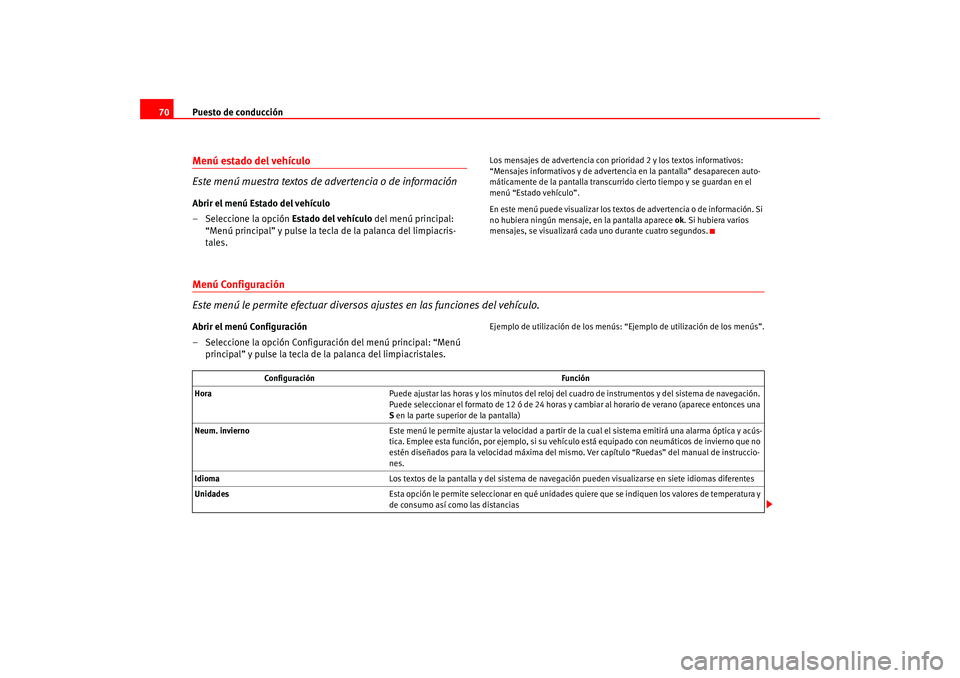 Seat Altea 2005  Manual del propietario (in Spanish) Puesto de conducción
70Menú estado del vehículo 
Este menú muestra textos de advertencia o de informaciónAbrir el menú Estado del vehículo
– Seleccione la opción  Estado del vehículo del me