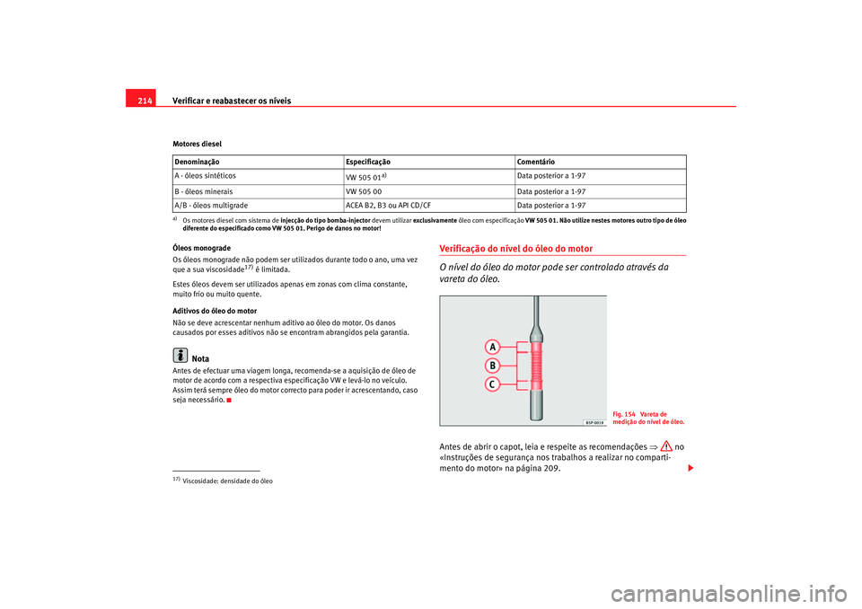 Seat Altea 2005  Manual do proprietário (in Portuguese)  Verificar e reabastecer os níveis
214Motores diesel
Óleos monograde
Os óleos monograde não podem ser util izados durante todo o ano, uma vez 
que a sua viscosidade
17) é limitada.
Estes óleos de