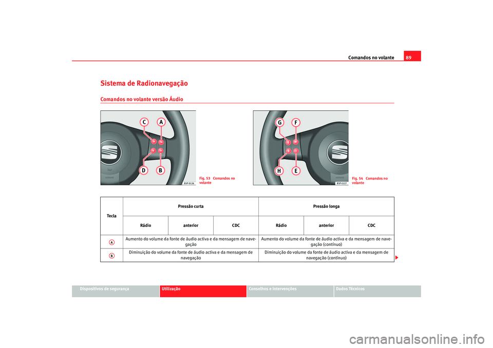 Seat Altea 2005  Manual do proprietário (in Portuguese)  Comandos no volante89
Dispositivos de segurança
Utilização
Conselhos e Intervenções
Dados Técnicos
Sistema de RadionavegaçãoComandos no volante versão Áudio
Fig. 53  Comandos no 
volante
Fig