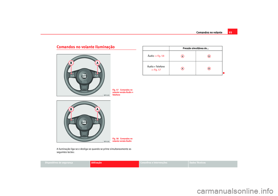 Seat Altea 2005  Manual do proprietário (in Portuguese)  Comandos no volante93
Dispositivos de segurança
Utilização
Conselhos e Intervenções
Dados Técnicos
Comandos no volante IluminaçãoA iluminação liga-se e desliga-se quando se prime simultaneam