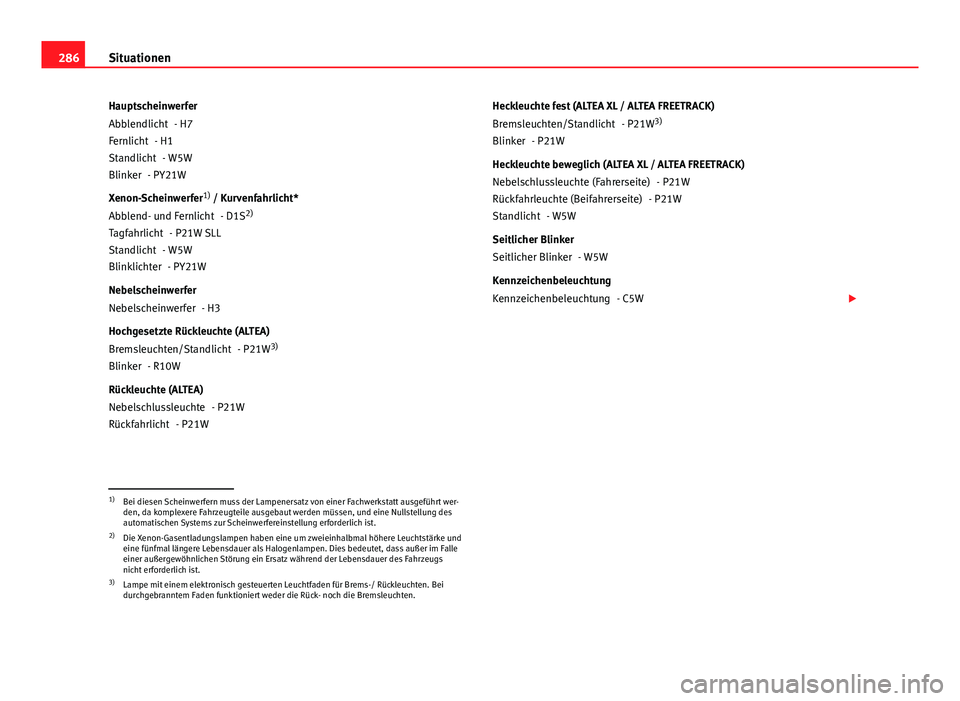 Seat Altea Freetrack 2014  Betriebsanleitung (in German) 286Situationen
Hauptscheinwerfer - H7
- H1 - W5W
- PY21W
Xenon-Scheinwerfer 1)
 / Kurvenfahrlicht*
- D1S 2)
- P21W SLL
- W5W - PY21W
Nebelscheinwerfer - H3
Hochgesetzte Rückleuchte (ALTEA) - P21W3)
-