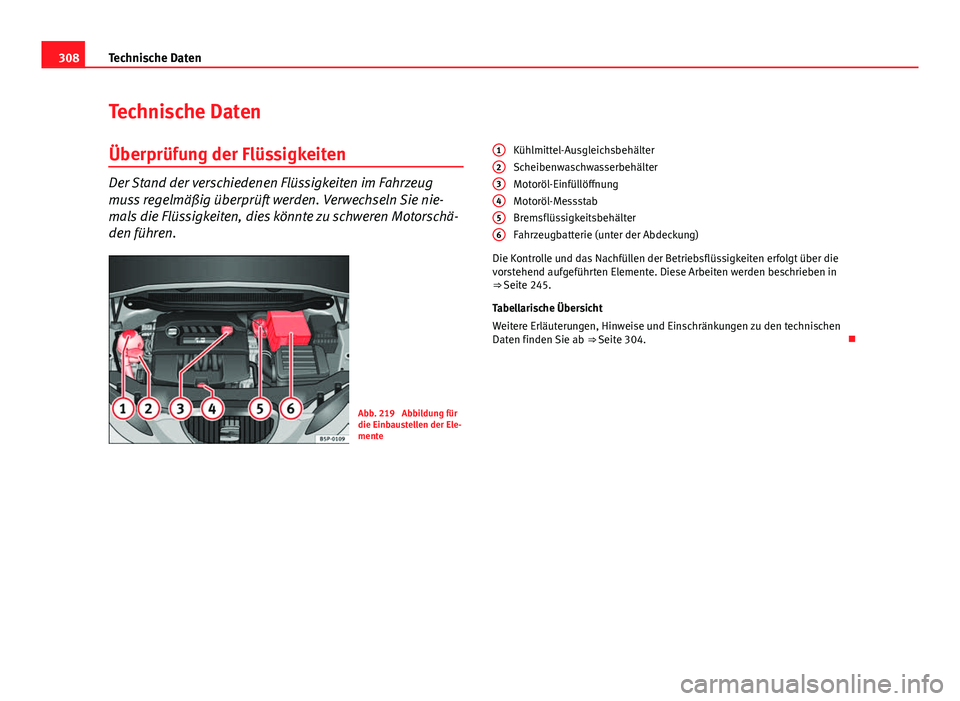 Seat Altea Freetrack 2014  Betriebsanleitung (in German) 308Technische Daten
Technische Daten
Überprüfung der Flüssigkeiten
Der Stand der verschiedenen Flüssigkeiten im Fahrzeug
muss regelmäßig überprüft werden. Verwechseln Sie nie-
mals die Flüssi