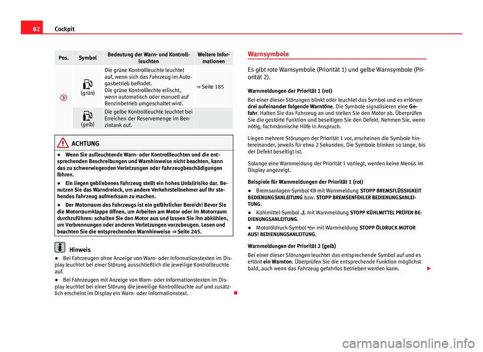 Seat Altea Freetrack 2014  Betriebsanleitung (in German) 82Cockpit
Pos.SymbolBedeutung der Warn- und Kontroll-
leuchtenWeitere Infor-mationen
3

(grün)
Die grüne Kontrollleuchte leuchtet
auf, wenn sich das Fahrzeug im Auto-
gasbetrieb befindet.
Die gr