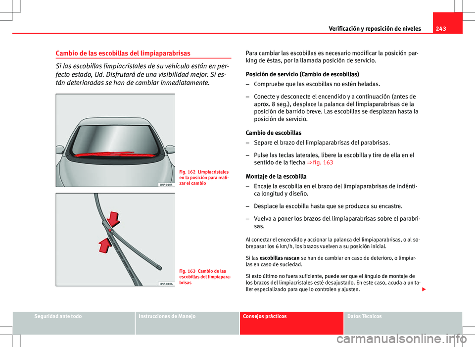 Seat Altea Freetrack 2013  Manual del propietario (in Spanish) 243
Verificación y reposición de niveles
Cambio de las escobillas del limpiaparabrisas
Si las escobillas limpiacristales de su vehículo están en per-
fecto estado, Ud. Disfrutará de una visibilid